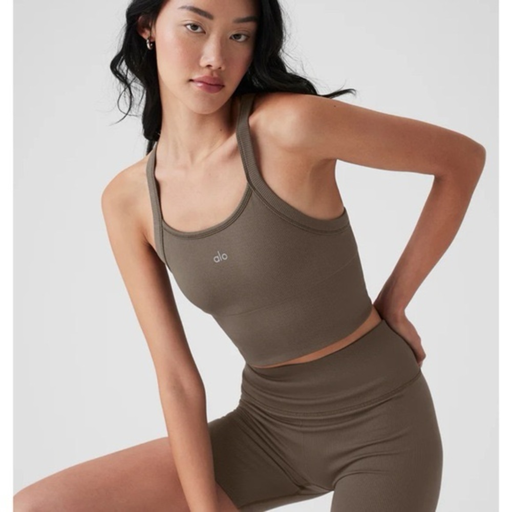 ALO Yoga Women's Seamless Ribbed Shorts and Tank Set in Khaki - XS/S